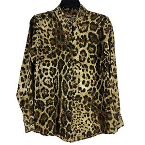 Zoe & Sam 100% Silk Animal Print Blouse Goldtone Collar Accents Size Small